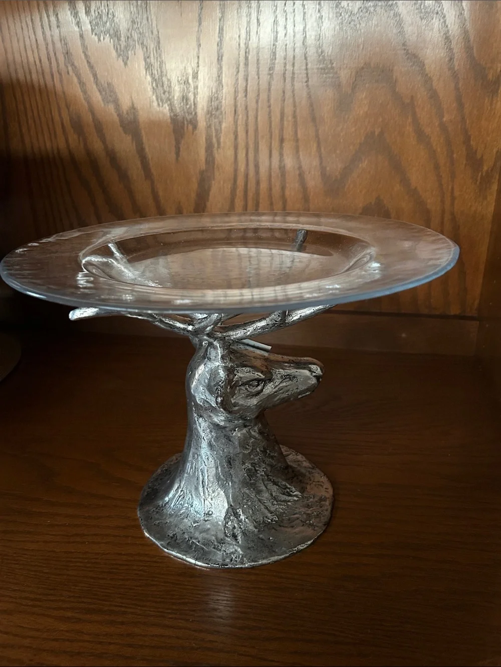RARE Pottery Barn Stag Deer Head Cake Stand Pedestal Glass Platter Retired NWT